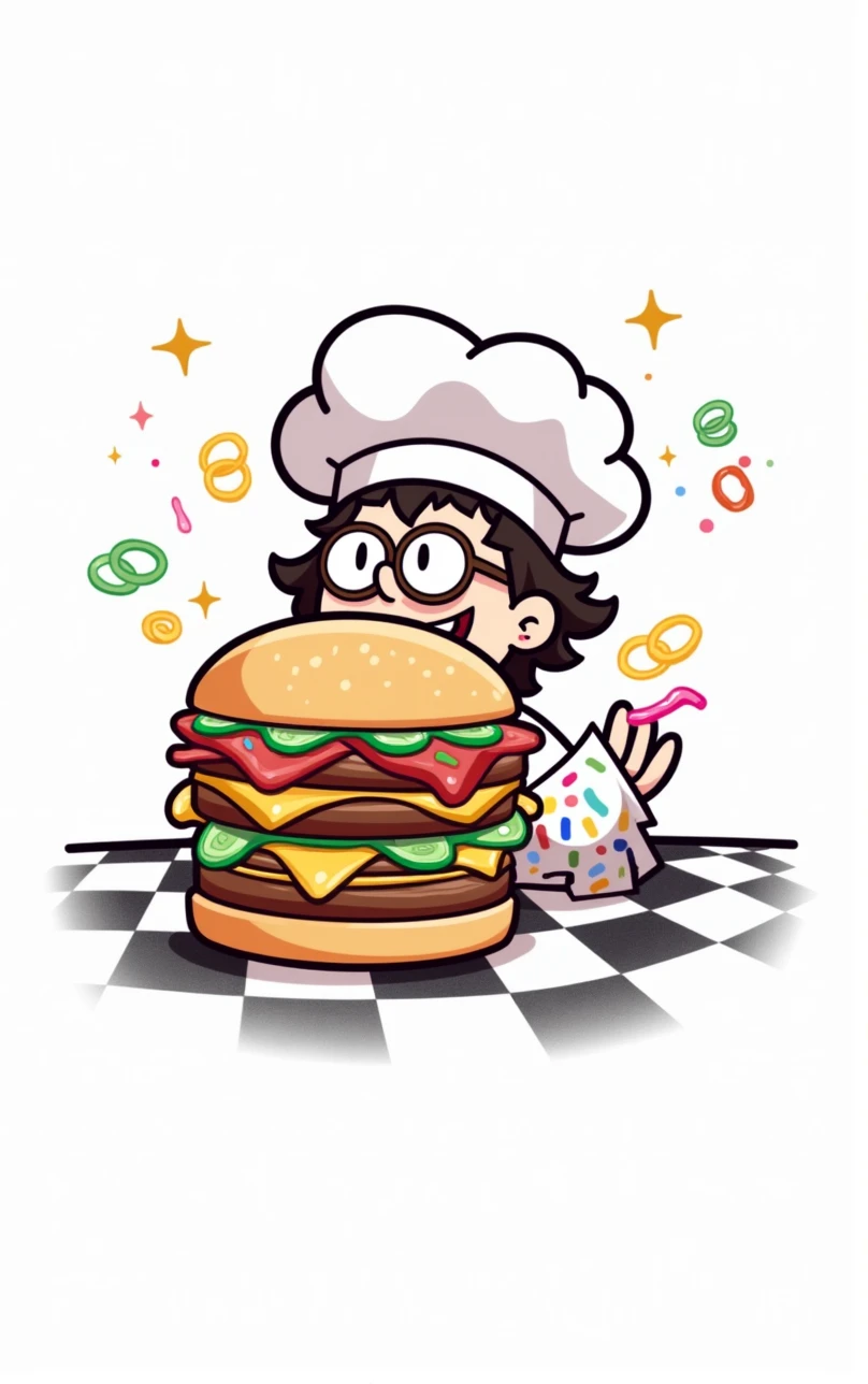 Create an animated video featuring this character making a crazy Burger 
