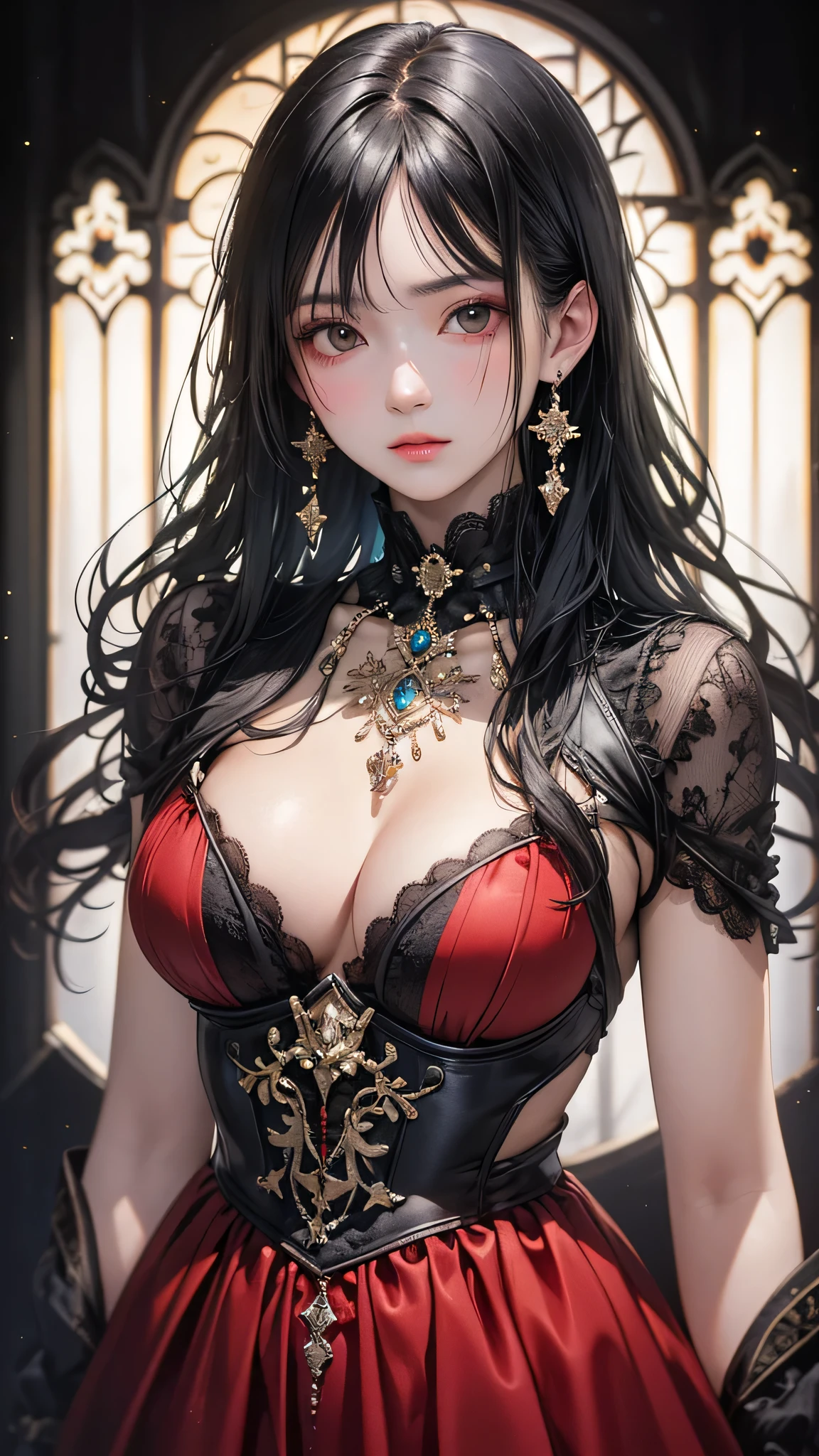 Highest quality, masterpiece, Ultra-high resolution, (Realistic: 1.4), RAW Photos, 1 person, Black Hair, Glowing Skin, (Beautifully detailed face), (Beautiful attention to detail),Dramatic lighting, whole body,, Red dress, huge