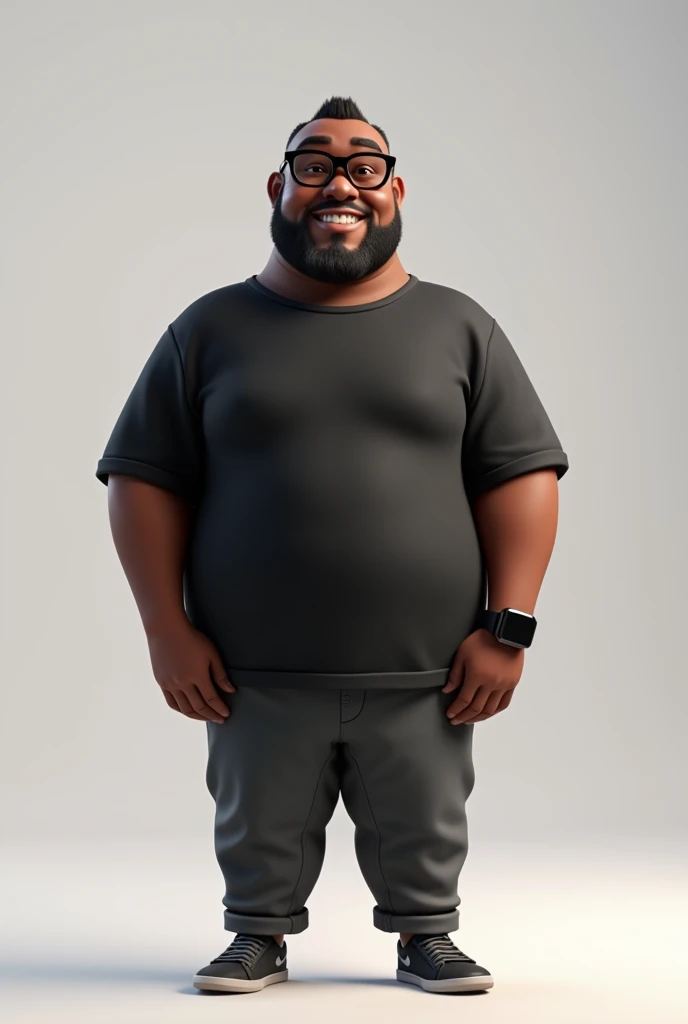 Create a full-body stylized 3D cartoon character of a middle-aged black man with a slightly overweight build. Render the character in a 'Disney Pixar-like' or '3D Cartoon' style using 'Arnold Maya' or 'Keyshot Toon' engines for high-quality animation. Ensure the rendering includes detailed textures, detailed skin, a clay-like finish, and bokeh effects at 8K resolution (or the highest available). Use cinematic lighting with soft, diffused light to enhance skin details, and set the focus to be sharp, with the character fully in focus, and apply bokeh effects if there's any background (which should be transparent). Position the camera at a frontal angle to capture the character's face and full body. The character should have a friendly expression but without a smile, very short straight hair without a topknot, a trimmed and sparse beard with white hairs on the chin, two prominent vertical wrinkles on the forehead between the eyebrows, and a dark brown skin tone with a warm undertone. He should be equipped with modern black reading glasses, an oversized black t-shirt, dark gray pants without a belt, and a black smartwatch on his wrist.