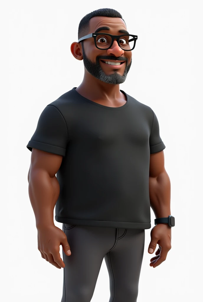 Create a full-body stylized 3D cartoon character of a middle-aged black man with a slightly overweight build. Render the character in a 'Disney Pixar-like' or '3D Cartoon' style using 'Arnold Maya' or 'Keyshot Toon' engines for high-quality animation. Ensure the rendering includes detailed textures, detailed skin, a clay-like finish, and bokeh effects at 8K resolution (or the highest available). Use cinematic lighting with soft, diffused light to enhance skin details, and set the focus to be sharp, with the character fully in focus, and apply bokeh effects if there's any background (which should be transparent). Position the camera at a frontal angle to capture the character's face and full body. The character should have a friendly expression but without a smile, very short straight hair without a topknot, a trimmed and sparse beard with white hairs on the chin, two prominent vertical wrinkles on the forehead between the eyebrows, and a dark brown skin tone with a warm undertone. He should be equipped with modern black reading glasses, an oversized black t-shirt, dark gray pants without a belt, and a black smartwatch on his wrist.