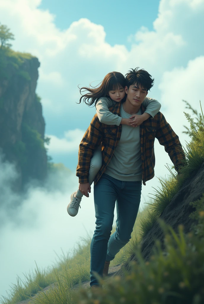 A 23 year old man sports muscular build in checks jacket caring a beautiful lady with average height, age 23 asleep on his back .climbing a up hill surrounded by white cloudy mist. The wind moves the girl's hair on the boy's face. The whole forest can be seen from the the left side of the cliff 3d anime