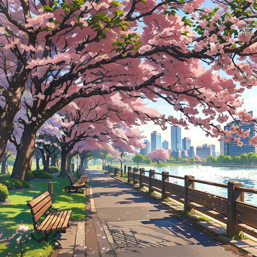 A bench stands under the tree, city of spring season, beautiful anime scenery, Cherry blossom trees, beautiful anime scene, beautiful cityscape, Sakura trees, anime beautiful world scene, lush Sakura trees, Cherry forest, perfect Spring Day with, City park with flowers, beautiful city, landscape wallpaper aesthetic, Cherry blossom season, Spring Day, landscape wallpaper