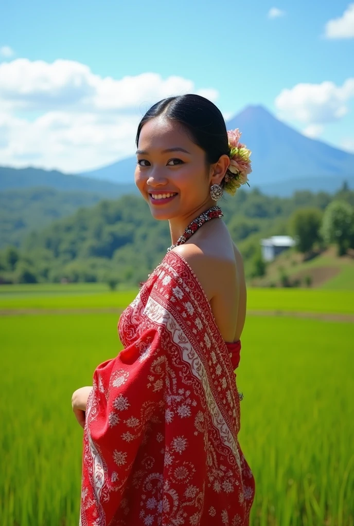 a beautiful woman wearing traditional Sulawesi clothes, red and white with an Indonesian background. Name tag Zia