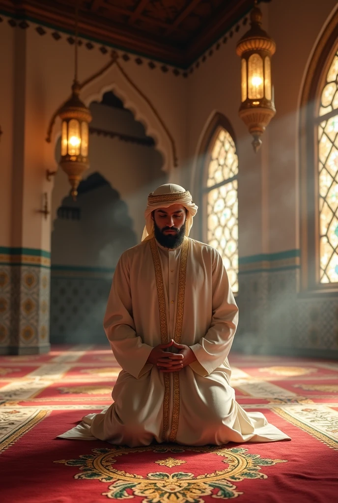 Create a very beautiful image, approximately 1400 years old, showing a very handsome and decent young man praying (offering Salah) while wearing Arabic attire. man should be very beautiful,The image should have a serene and peaceful atmosphere."