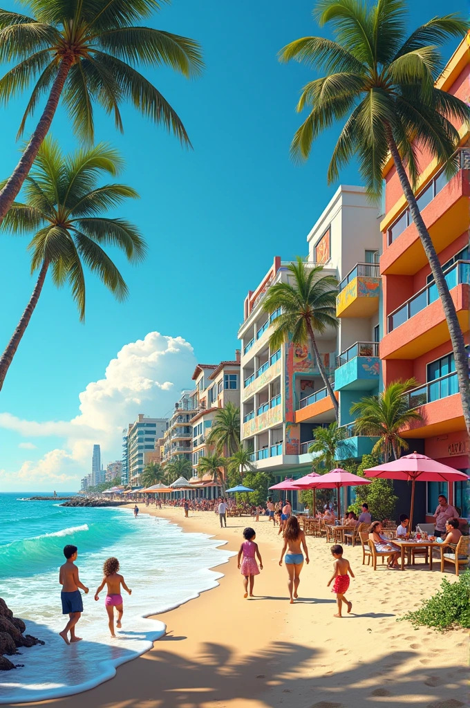 A coastal city, with trees, colorful buildings, Elevated streets, Happy people playing