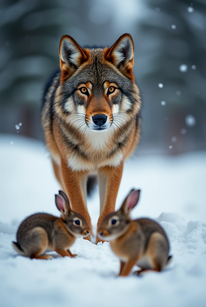 A brown wolf stands,Realistic cute style,waiting to catch prey,Expression ready to go,Snow in the background,There are rabbits on the ground