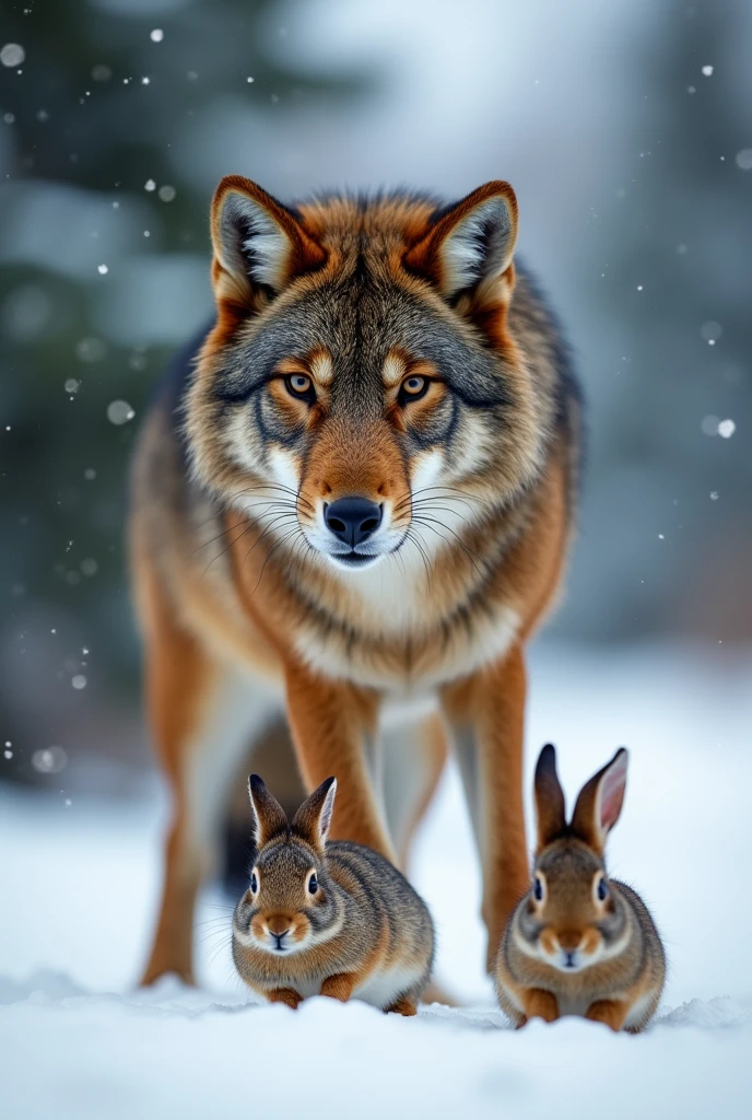 A brown wolf stands,Realistic cute style,waiting to catch prey,Expression ready to go,Snow in the background,There are rabbits on the ground