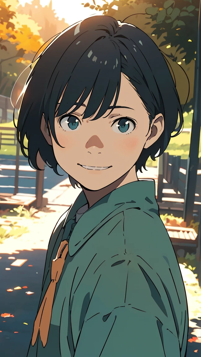 ((Short hair, short hair)) Sportsman, uniform, one boy, one person, very beautiful, best quality, great quality, curated, shape, very detailed, anime coloring, very detailed, official art, warm tones, sun flare, soft shadows, vibrant colors, very detailed, official art, facial expression pattern, smile,