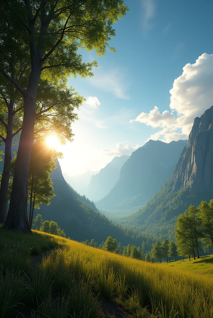 A landscape from the game DayZ where the sun reflects off the trees creating a beautiful difference in luminosity that casts various shadows. The day is sunny. In the background beautiful green fields with mountains further back. The sky is cerulean blue.
FORMAT 16:9