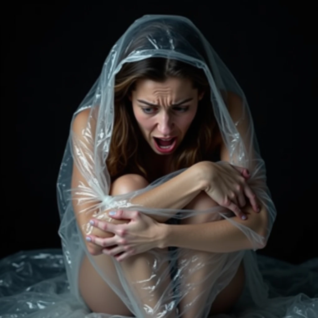 Woman locked up trapped hugging her knees, very tightly packed in a clear plastic bag trying to get out from side view