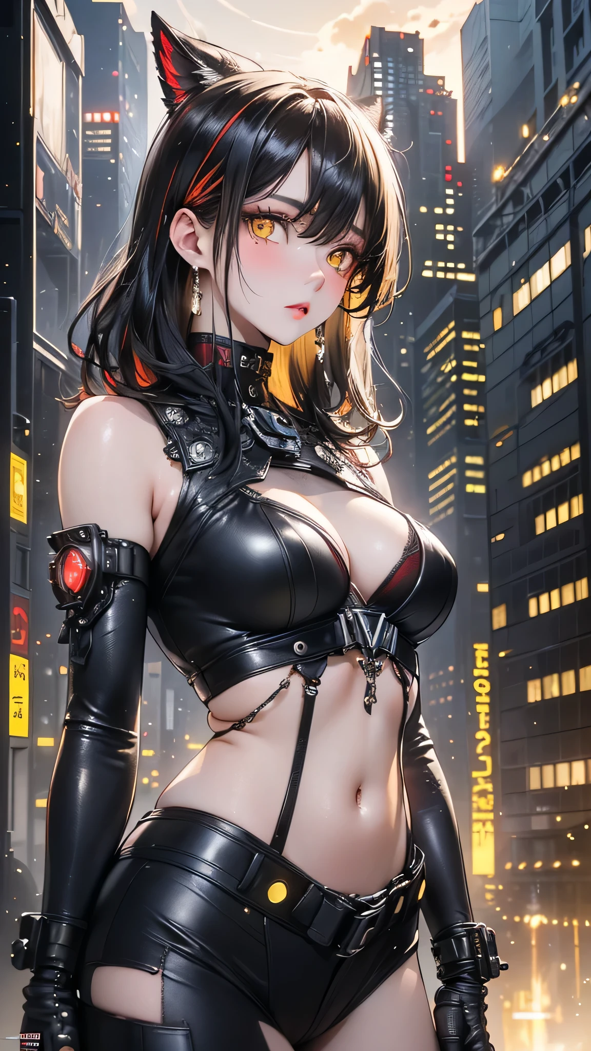 (masterpiece:1.3), (Best Cinematic Quality:1.2), (Very detailed settings:2), (soft+Artistic lighting), (Beautiful woman), solo, One person, ショートヘアred, (Yellow eyes+red:1.4), (red目+Heterochromia iridis), wearing cyberpunk clothes, Futuristic, Technical, Cityscape, Creating a dramatic landscape.