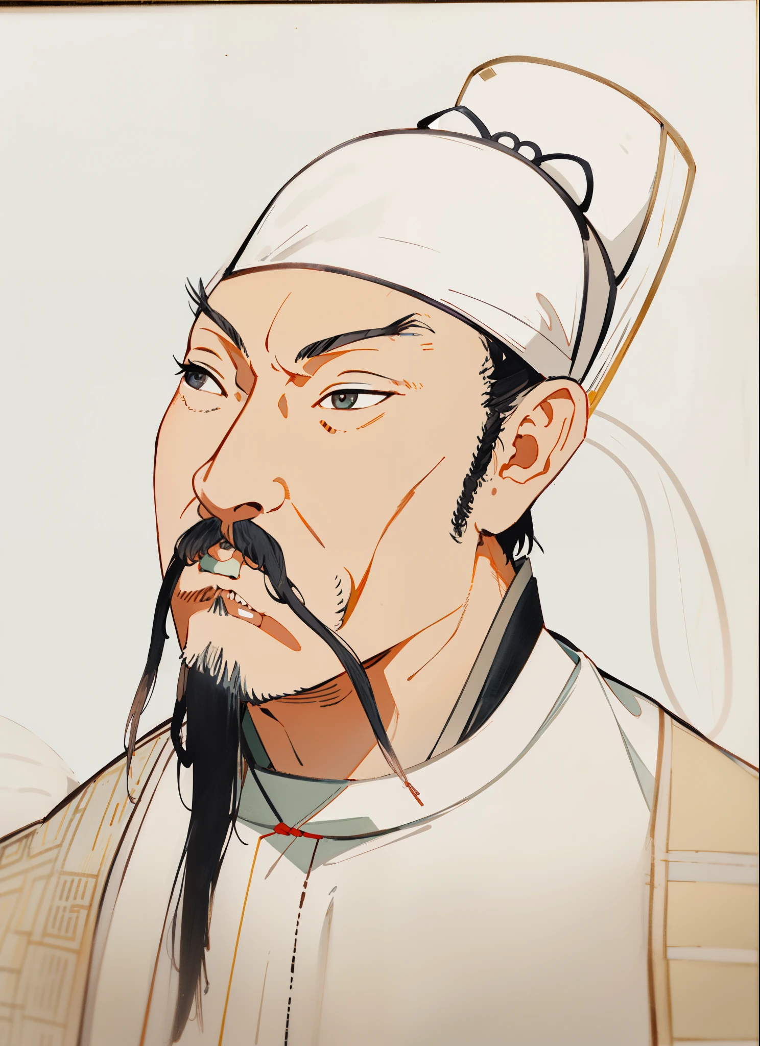 HD, (The finest details), (best quality), Disney, Li Bai，Ancient Chinese poet，1boy，Male focus，solo，Facial hair，hat，traditional media，Black Hair，Moustache，beard，Black headdress，Japanese Clothing，Upper body