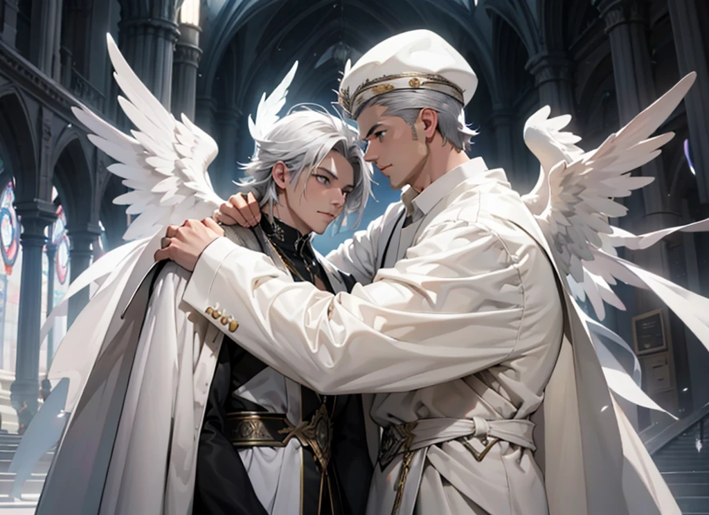 ((Best quality)), HD 4K, Seraphin angel, Angel with six wings, white wings, silver eyes for wings, six wings, silver clothes, appearance of a young man with dark skin, young man from the Middle East, beardless, white and silver papal robes, Wings on the papa hat, Metatron's Cube in the background, a silver city full of angels, All silver