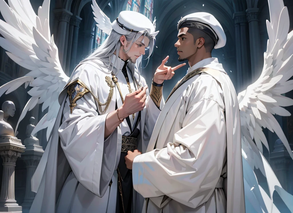 ((Best quality)), HD 4K, Seraphin angel, Angel with six wings, white wings, silver eyes for wings, six wings, silver clothes, appearance of a young man with dark skin, young man from the Middle East, beardless, white and silver papal robes, Wings on the papa hat, Metatron's Cube in the background, a silver city full of angels, All silver