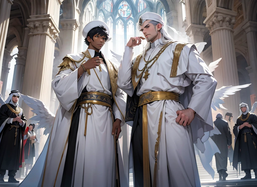 ((Best quality)), HD 4K, Seraphin angel, Angel with six wings, white wings, silver eyes for wings, six wings, silver clothes, appearance of a young man with dark skin, young man from the Middle East, beardless, white and silver papal robes, Wings on the papa hat, Metatron's Cube in the background, a silver city full of angels, All silver
