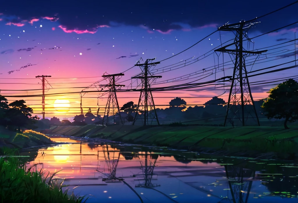 Anime Scenery of a sunset with a pond and power lines, Digital painting by Shitao, tumbler, Conceptual Art, beautiful Anime Scenery, Anime countryside landscape, Anime scenery wallpaper, Beautiful anime scene, Beautiful peaceful scene in anime, Anime Scenery, Anime scenery, Anime Background art, Anime Background, Landscape painting, anime nature wallpapers, Colorful anime movie background, Night view