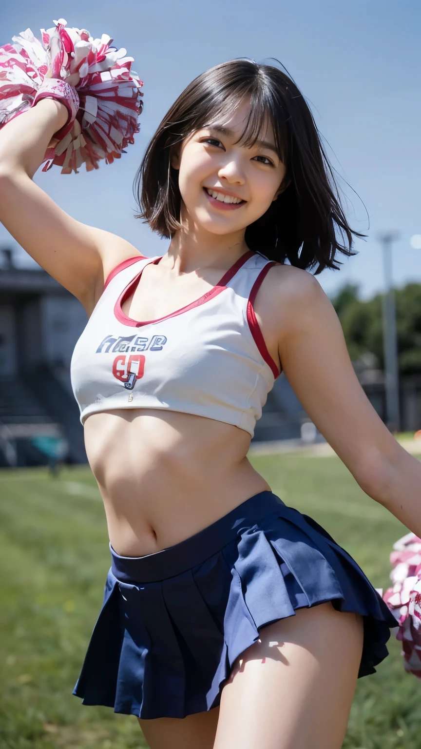 (8k、RAW Photos、Highest quality、masterpiece:1.2)、((pubic hair:1.7))、((Cheerleader Skirt、Leg spread、Smiling with teeth showing:1.3)、(Realistic、Realistic)、1 person、(Slightly short hair、Slightly larger breasts、School、Slightly overweight、black eye))、cute