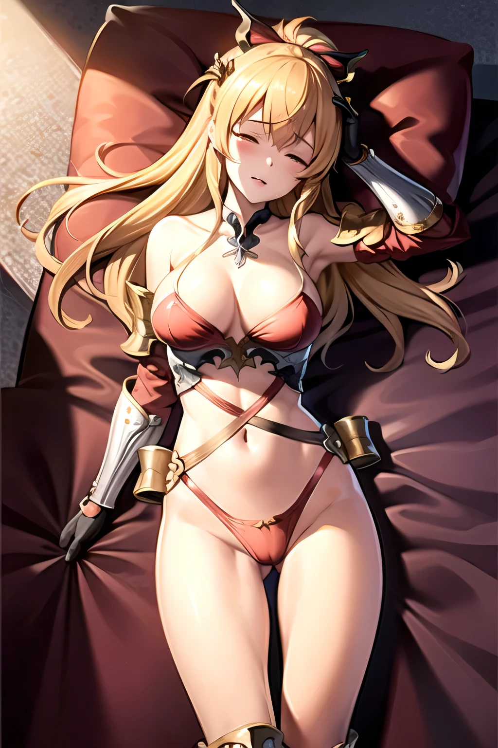 masterpiece, Highest quality, High resolution, Perfect Anatomy, one person, alone, Bira GB, Villa Grand, Long Hair, ponytail, horn, Red ribbon, Bikini Armor, gloves, Red panties, Armored boots, Big Breasts, Falling to the ground, Falling, Both eyes are closed, Both eyes are closed, Falling on your back, Faint, syncope, Sleep, sleep, sleep, Close your eyes, Close both eyes