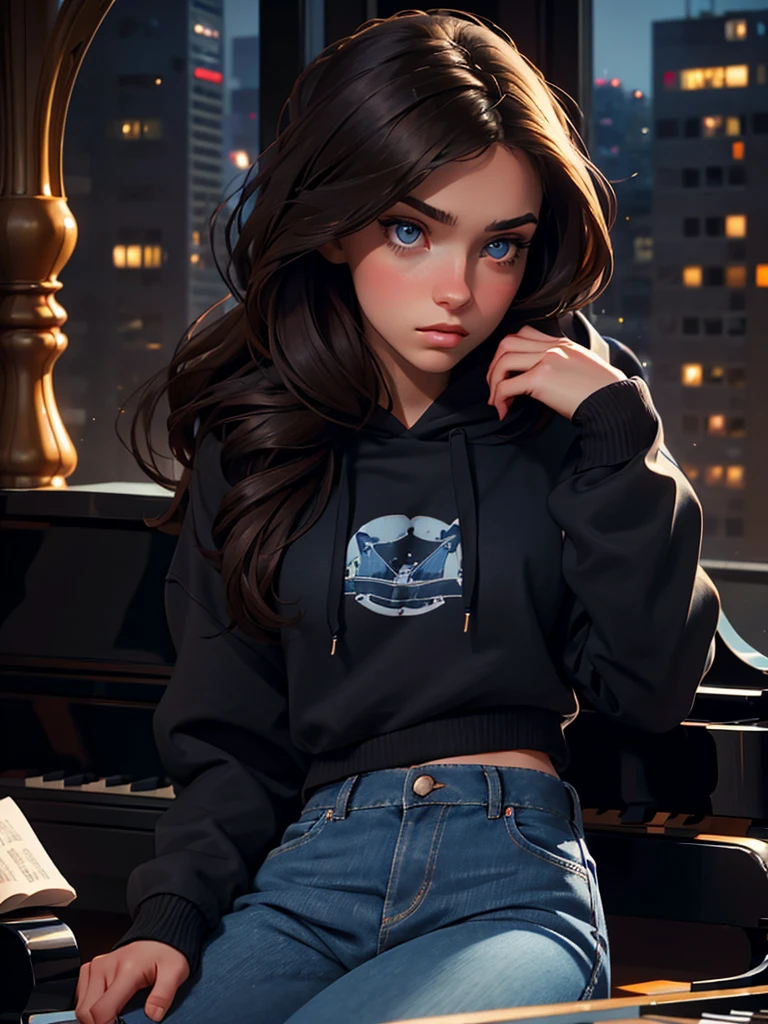 a pretty brunette girl, 22 years old, wearing a black hoodie and blue jeans, playing piano in an urban apartment, pensive and slightly sad expression, detailed facial features, detailed eyes and lips, complex urban background, fancy lighting, cinematic composition, realistic photo, high quality, 8k, ultra detailed