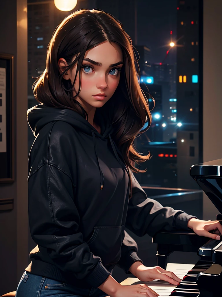 a pretty brunette girl, 22 years old, wearing a black hoodie and blue jeans, playing piano in an urban apartment, pensive and slightly sad expression, detailed facial features, detailed eyes and lips, complex urban background, fancy lighting, cinematic composition, realistic photo, high quality, 8k, ultra detailed