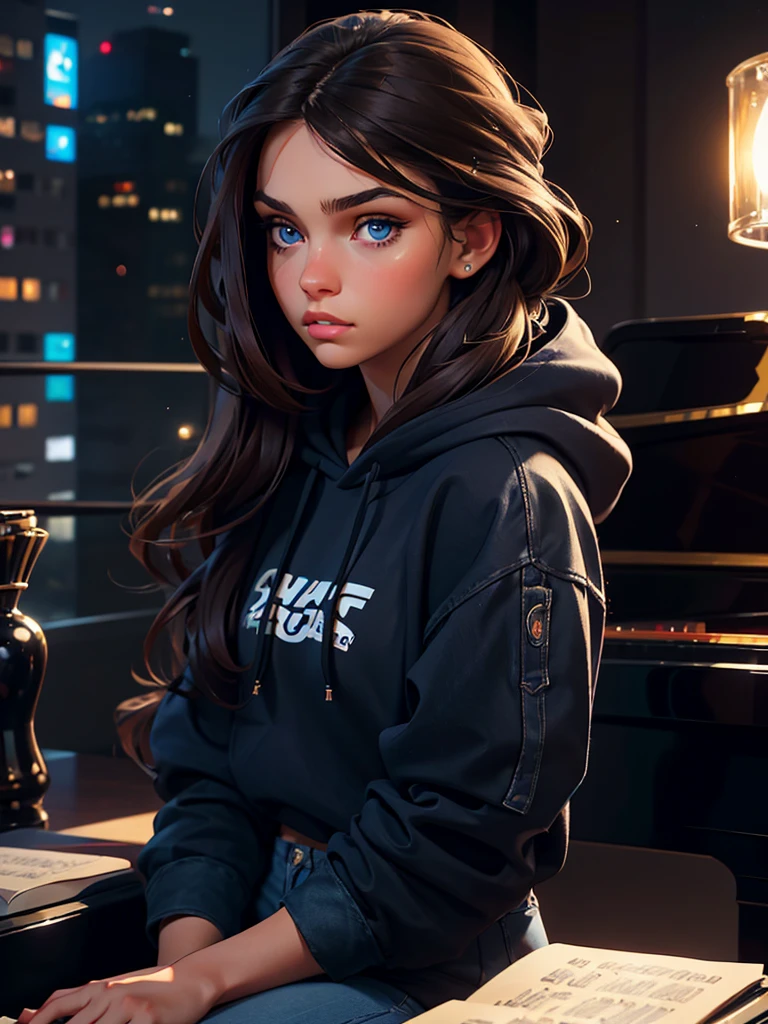 a pretty brunette girl, 22 years old, wearing a black hoodie and blue jeans, playing piano in an urban apartment, pensive and slightly sad expression, detailed facial features, detailed eyes and lips, complex urban background, fancy lighting, cinematic composition, realistic photo, high quality, 8k, ultra detailed