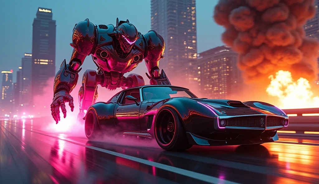 (focus on car),A large robot chasing after, (Escaping a huge disaster, driving at full power, the smoke from the explosion behind keeps rising),(Time Shift Transform), cyberpunk, futuristic, neon-lit, high-speed, metallic, glossy, urban, dystopian, advanced, technology, vehicle, photography, dynamic, angles, reflection, night, cityscape, grunge, detail, modified, custom, aggressive, lines, shadows, contrast, darkness, light, movement, highres,ultra detailed,best quality,masterpiece