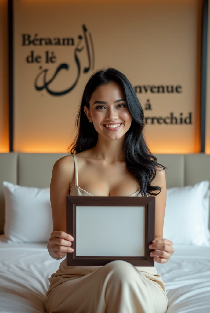 Une femme brune. Les cheveux raides, écartés ou assez écartés du cou, pas longs, de couleurs noirs. Une femme un peu volumineuse par sa forme physique. Assise dans une grande chambre d'hôtel, sur un lit de l'hôtel, souriante, la tête droite, le regard droit fixé vers l'avant, portant dans ses mains une grande photo qu'elle montre bien vers l'avant de sorte que la photo qu'elle montre soit un peu décollée de sa poitrine et derrière elle, accroché sur le mur, un tableau avec 2 écritures sur le tableau. L'une qui dit en langue arabe : Bienvenue à Berrechid et la deuxième en langue française qui dit : Bienvenue à Berrechid.