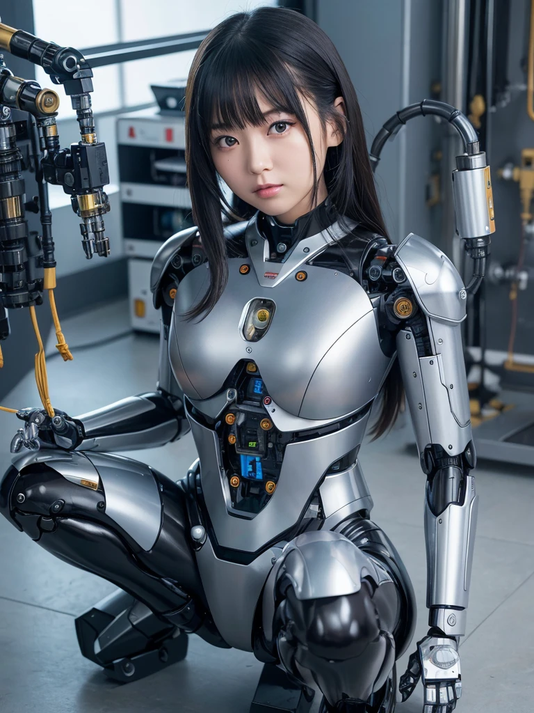 masterpiece, Highest quality, Very detailed, Japaese アンDroid girl,Portraiture,Plump,Thick,Control panel,アンDroid,Droid,Mechanical Hand, robotの腕と脚, Black Hair,Blunt bangs,perfect robot girl,Long tube,A thick cable was attached to her neck.,アンDroid,robot,humanoid,cyborg,japanese cyborg girl ,robot-assembly plant,She is now assembling,Assembly scene,Chubby,Squat