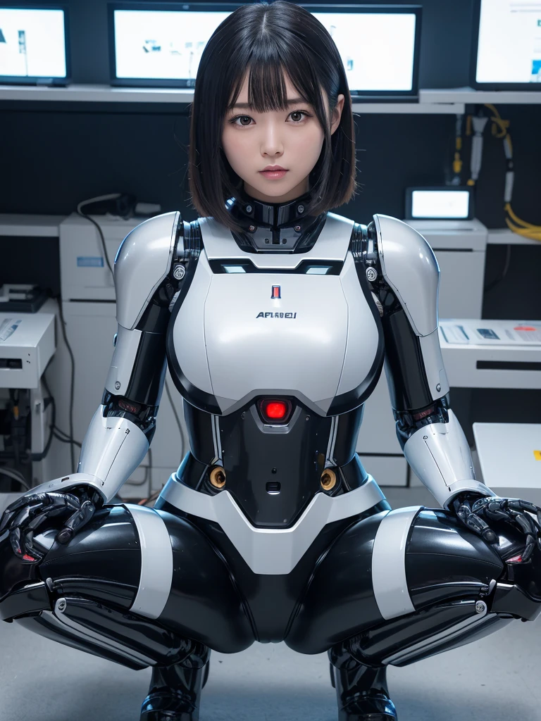masterpiece, Highest quality, Very detailed, Japaese アンDroid girl,Portraiture,Plump,Thick,Control panel,アンDroid,Droid,Mechanical Hand, robotの腕と脚, Black Hair,Blunt bangs,perfect robot girl,Long tube,A thick cable was attached to her neck.,アンDroid,robot,humanoid,cyborg,japanese cyborg girl ,robot-assembly plant,She is now assembling,Assembly scene,Chubby,Squat