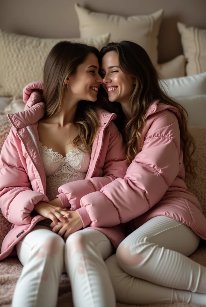 girl in panties making love to another girl in quilted pants pink down jacket