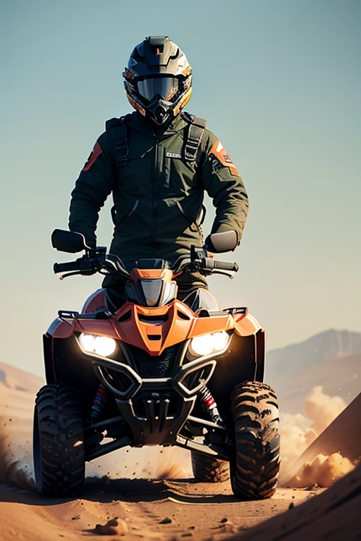 an ATV standing in front with a man in a helmet sitting on it
