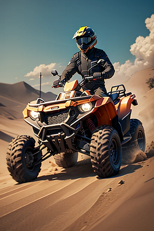 an ATV standing in front with a man in a helmet sitting on it
