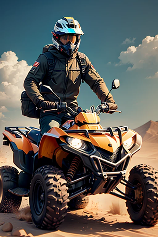 an ATV standing in front with a man in a helmet sitting on it