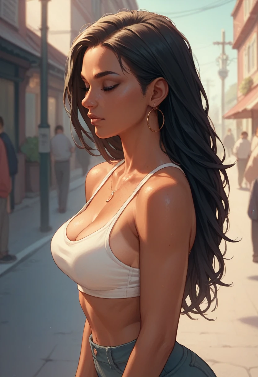 On a summer night, On a bustling street in the suburbs, a woman with tanned skin and extremely long black hair catches everyone's attention. She's wearing a provocative red top that fits her body perfectly., Jeans shorts and sandals with crystals, She walks down the alley, Leaving a trail of desire.