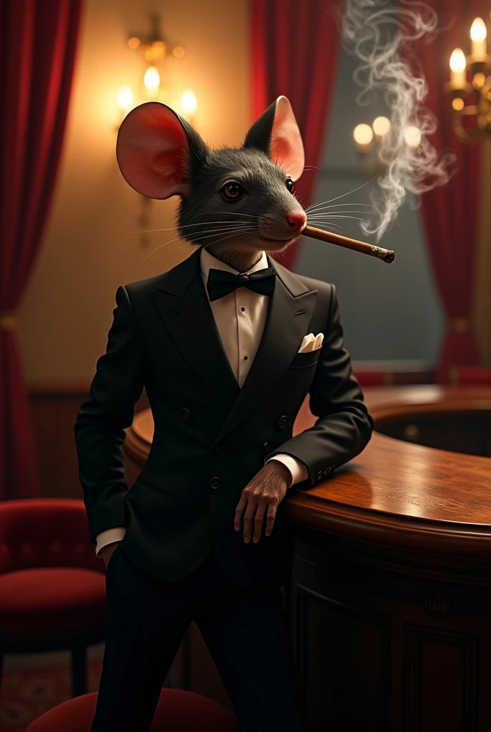 A male mouse in a black suite smoking