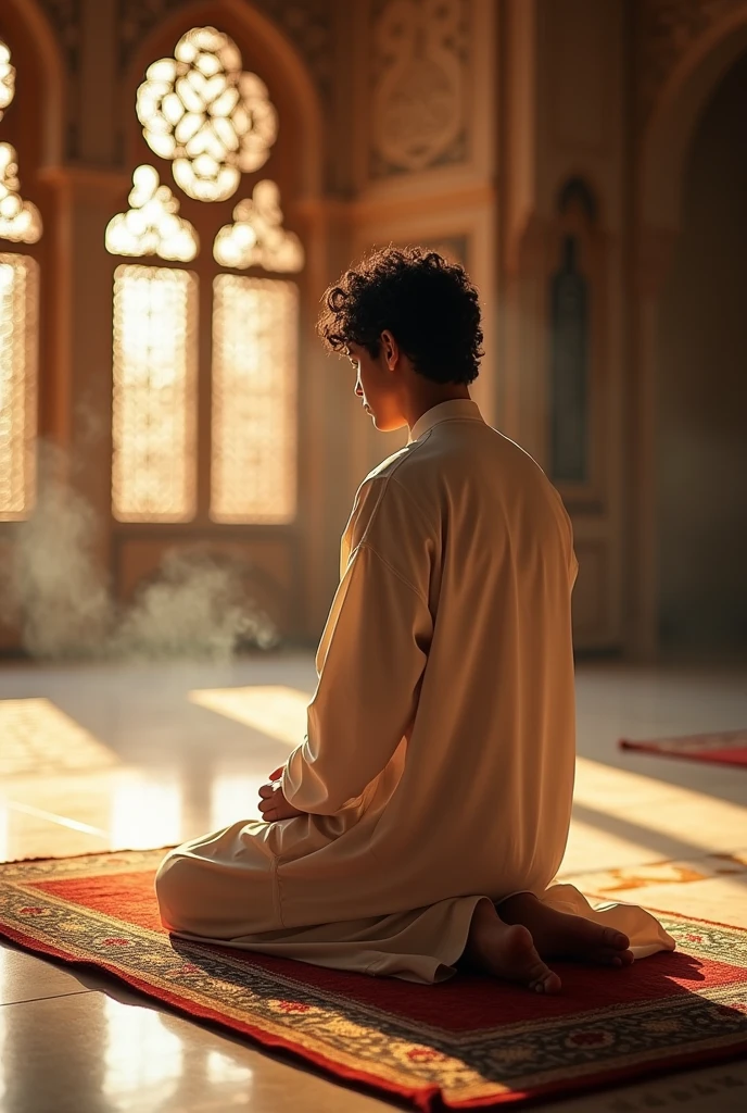 Create a very beautiful image, approximately 1400 years old, showing a very handsome and decent young man praying (offering Salah) while wearing Arabic attire. man should be very beautiful,The image should have a serene and peaceful atmosphere."