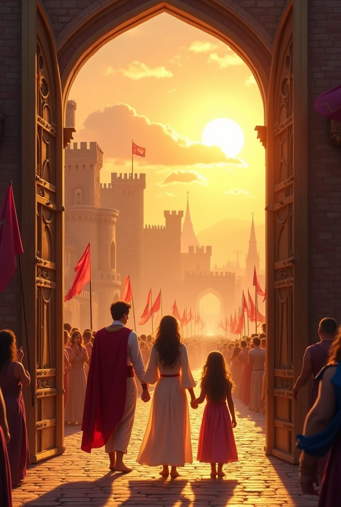 ### **Scene 7: The Return to the Kingdom**
**Setting:** The castle gates, with the sun rising in the background.
- **Adjectives:** Joyful, welcoming
- **Verbs:** Returning, celebrating
- **Description:** King Amara, Queen Lila, and Prince Samir walk hand in hand through the castle gates, which are wide open, welcoming them home. The sun is rising, casting golden rays over the kingdom. The townspeople are gathered, cheering and celebrating the return of their beloved royal family