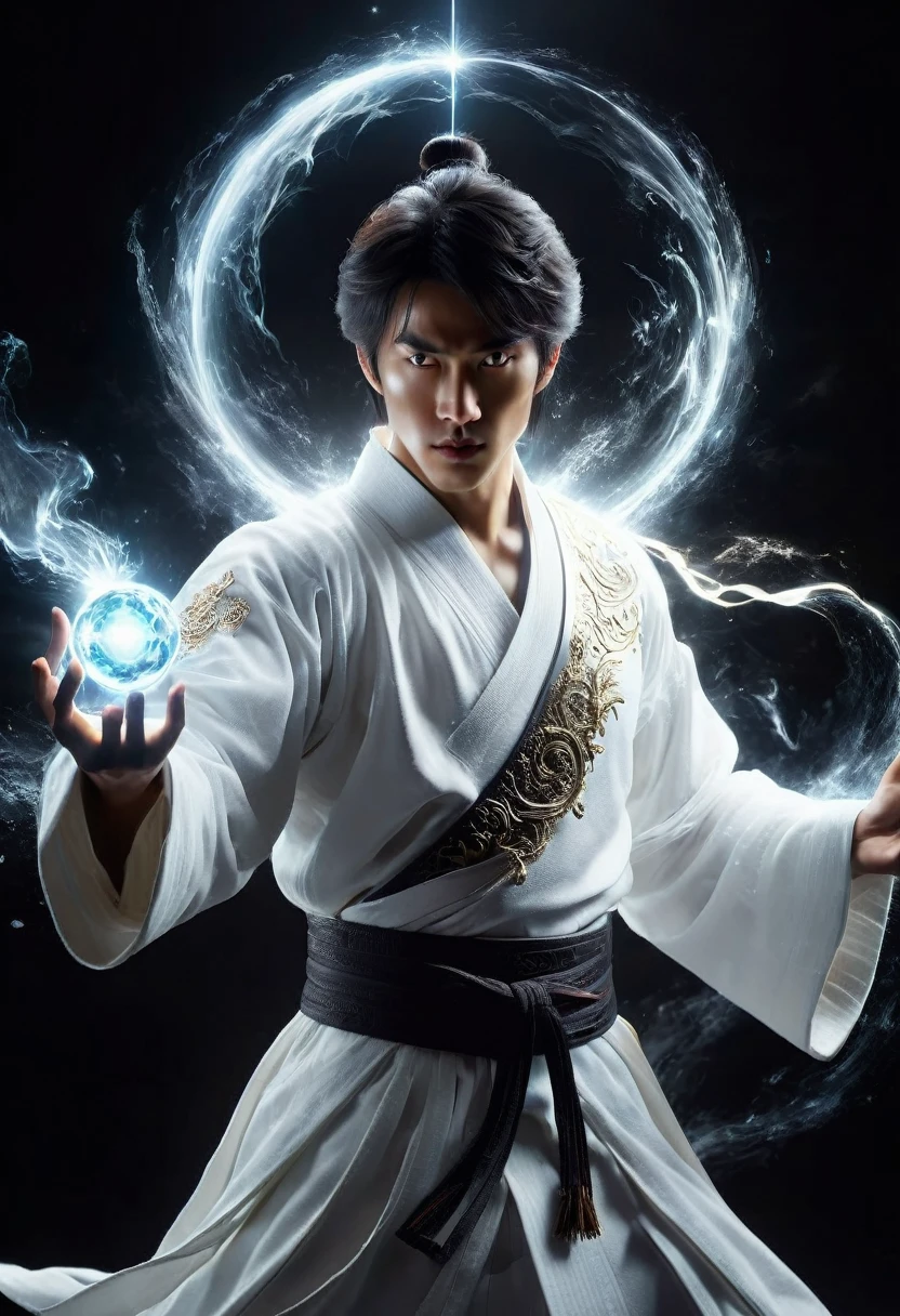 Wabstyle martial arts style, A man in a white robe、Extremely handsome young man using magical powers, Holding a glowing magic orb, Visual effects, Glowing energy liquid, Special effect, Glowing energy effect, Very detailed, 32k UHD, best quality, The left half of the masterpiece radiates a pure holy light, While the right half is shrouded in demonic shadows