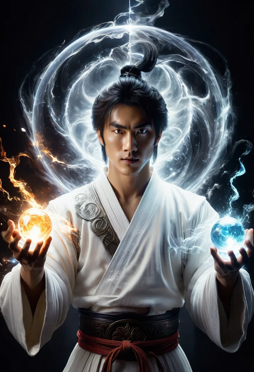 Wabstyle martial arts style, A man in a white robe、Extremely handsome young man using magical powers, Holding a glowing magic orb, Visual effects, Glowing energy liquid, Special effect, Glowing energy effect, Very detailed, 32k UHD, best quality, The left half of the masterpiece radiates a pure holy light, While the right half is shrouded in demonic shadows