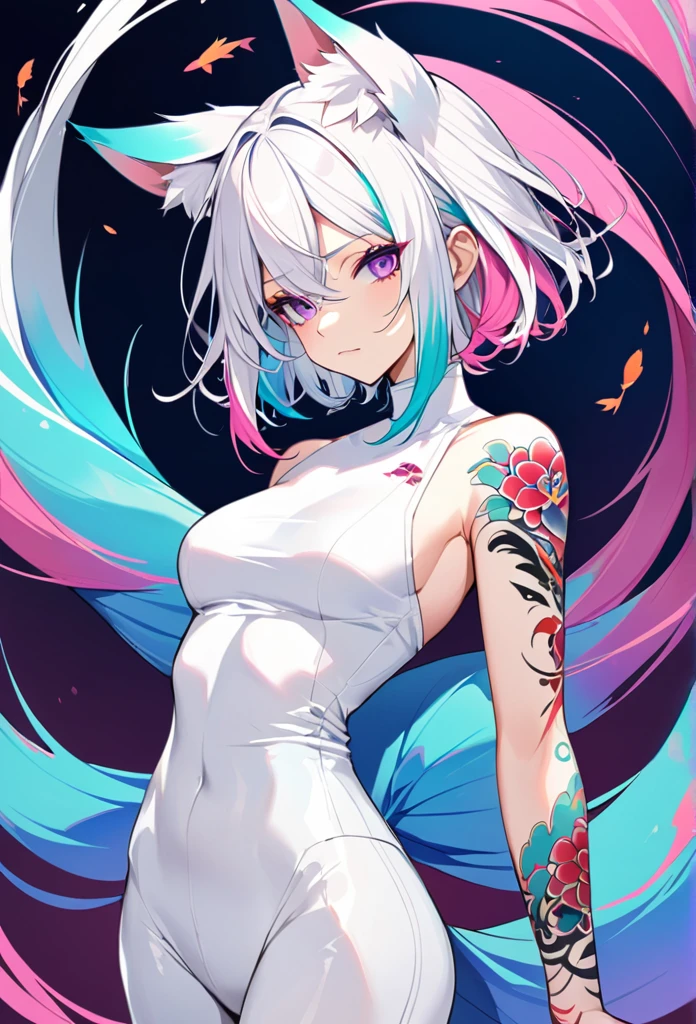 1woman, long white hair with pink and cyan tips,multicolored hair, small fox ears, purple eyes, wearing a white coat, white pants, Short black shirt, tattoos on arms, colorful koi tattoos all over the arms, showing body, medium breasts, tattoos covering skin, relaxed pose