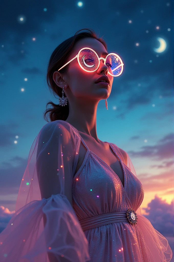 The model is wearing glass sunglasses with stars and the moon on the glass