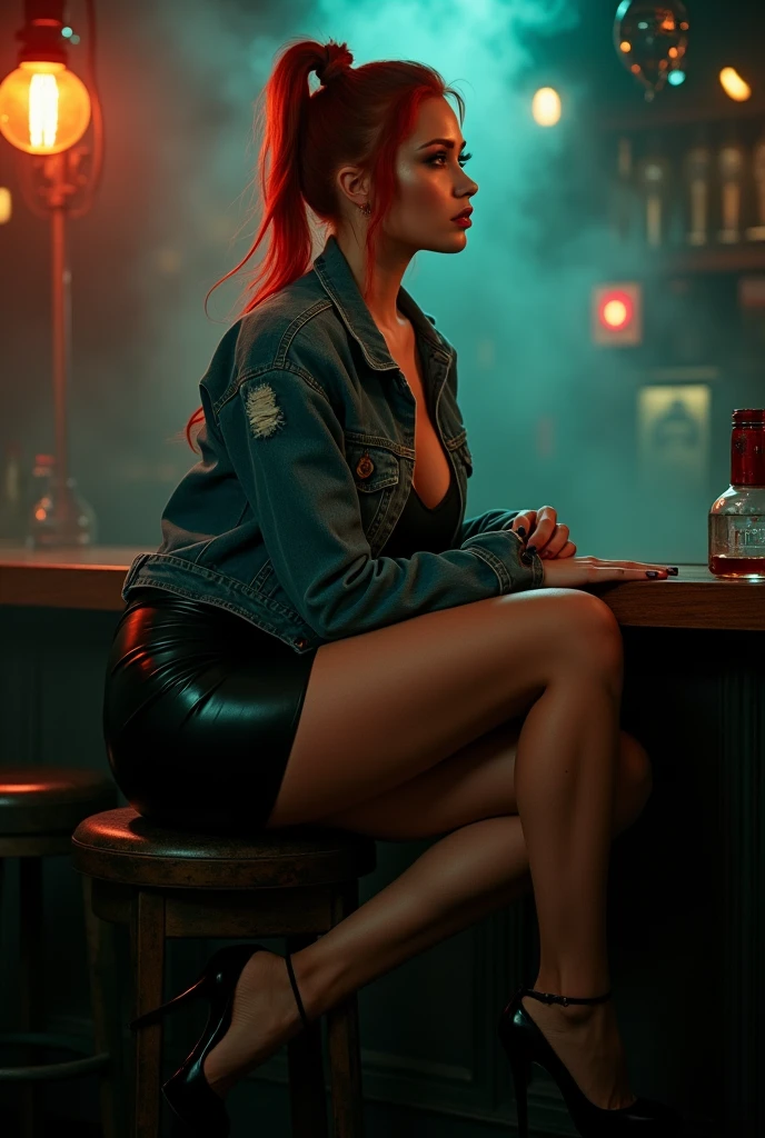 A sultry 35-year-old woman with fiery red locks tied in a ponytail sits atop a worn bar stool in a dimly lit pub, the air thick with smoke and mystery. She's encased in a tight black leather skirt that clings to her curves, paired with towering heels that lengthen her legs like stilts. A jeans jacket wraps around her torso, partially concealing her plump breasts. Nylon stockings add a touch of elegance to her long limbs as she gazes into the haze, lost in thought. The soft glow of a small lamp illuminates her face, casting a warm, intimate light on her contemplative expression. In this photorealistic, full-body shot, every detail is rendered with exceptional quality, drawing the viewer into the smoky atmosphere and the woman's introspective world. Extremely Realistic