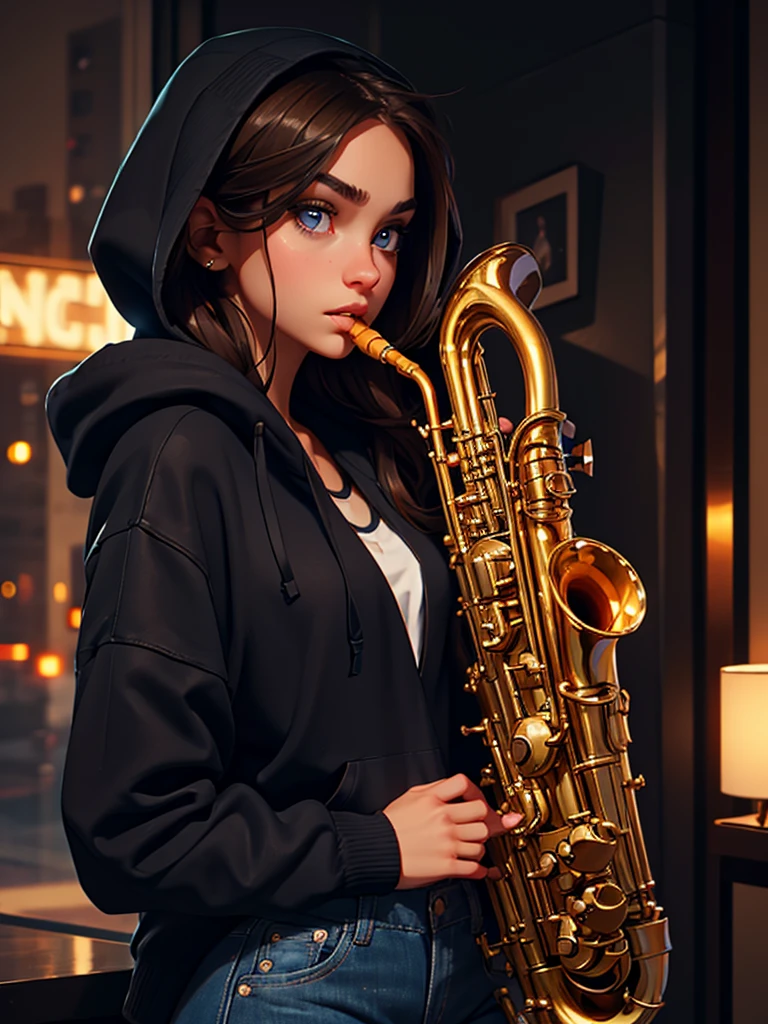a pretty brunette girl, 22 years old, wearing a black hoodie and blue jeans, playing saxophone in an urban apartment, pensive and slightly sad expression, detailed facial features, detailed eyes and lips, complex urban background, fancy lighting, cinematic composition, realistic photo, high quality, 8k, ultra detailed