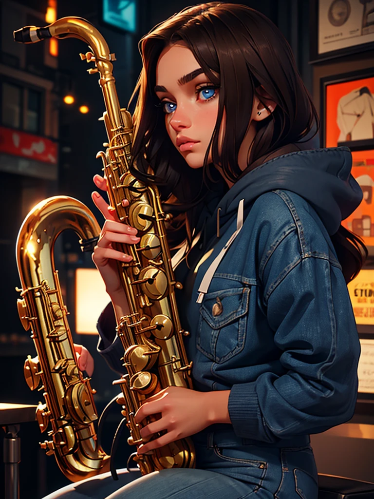 a pretty brunette girl, 22 years old, wearing a black hoodie and blue jeans, playing saxophone in an urban apartment, pensive and slightly sad expression, detailed facial features, detailed eyes and lips, complex urban background, fancy lighting, cinematic composition, realistic photo, high quality, 8k, ultra detailed
