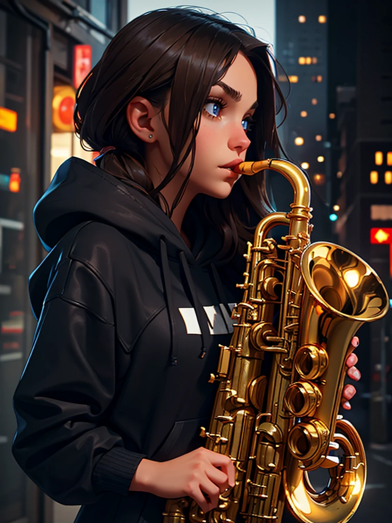 a pretty brunette girl, 22 years old, wearing a black hoodie and blue jeans, playing saxophone in an urban apartment, pensive and slightly sad expression, detailed facial features, detailed eyes and lips, complex urban background, fancy lighting, cinematic composition, realistic photo, high quality, 8k, ultra detailed
