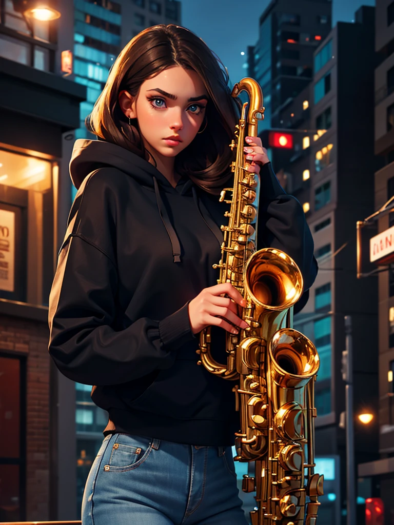 a pretty brunette girl, 22 years old, wearing a black hoodie and blue jeans, playing saxophone in an urban apartment, pensive and slightly sad expression, detailed facial features, detailed eyes and lips, complex urban background, fancy lighting, cinematic composition, realistic photo, high quality, 8k, ultra detailed