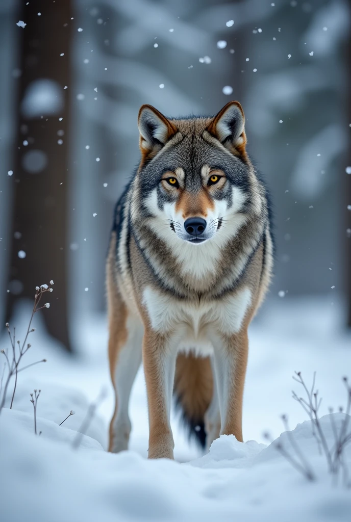 A gray wolf standing,Realistic and cute wolf style,waiting to catch prey,Expression ready to go,Snow in the background,There are rabbits on the ground