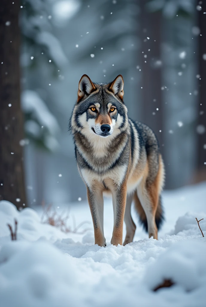 A gray wolf standing,Realistic and cute wolf style,waiting to catch prey,Expression ready to go,Snow in the background,There are rabbits on the ground