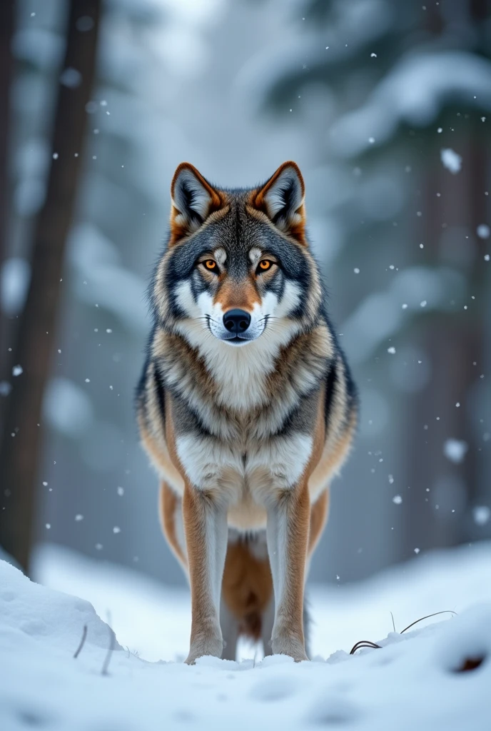 A gray wolf standing,Realistic and cute wolf style,waiting to catch prey,Expression ready to go,Snow in the background,There are rabbits on the ground