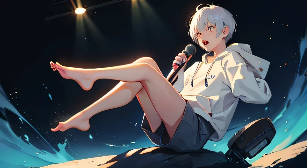 Sing powerfully　Singing with power　whole body　male　Short Hair　Relaxed hoodie　Ankles showing　barefoot　Sing into the microphone